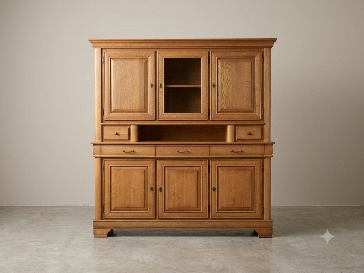Prachtige Massief houten buffetkast, Ophalen, Glas, Met deur(en), 150 tot 200 cm