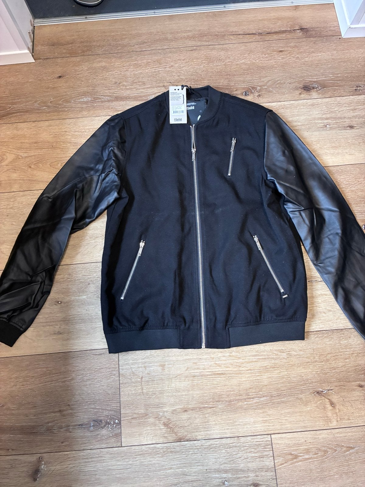 Heren bomberjack met leren mouwen - !Solid - Zwart - XL, Ophalen of Verzenden, Nieuw, Maat 56/58 (XL), Zwart