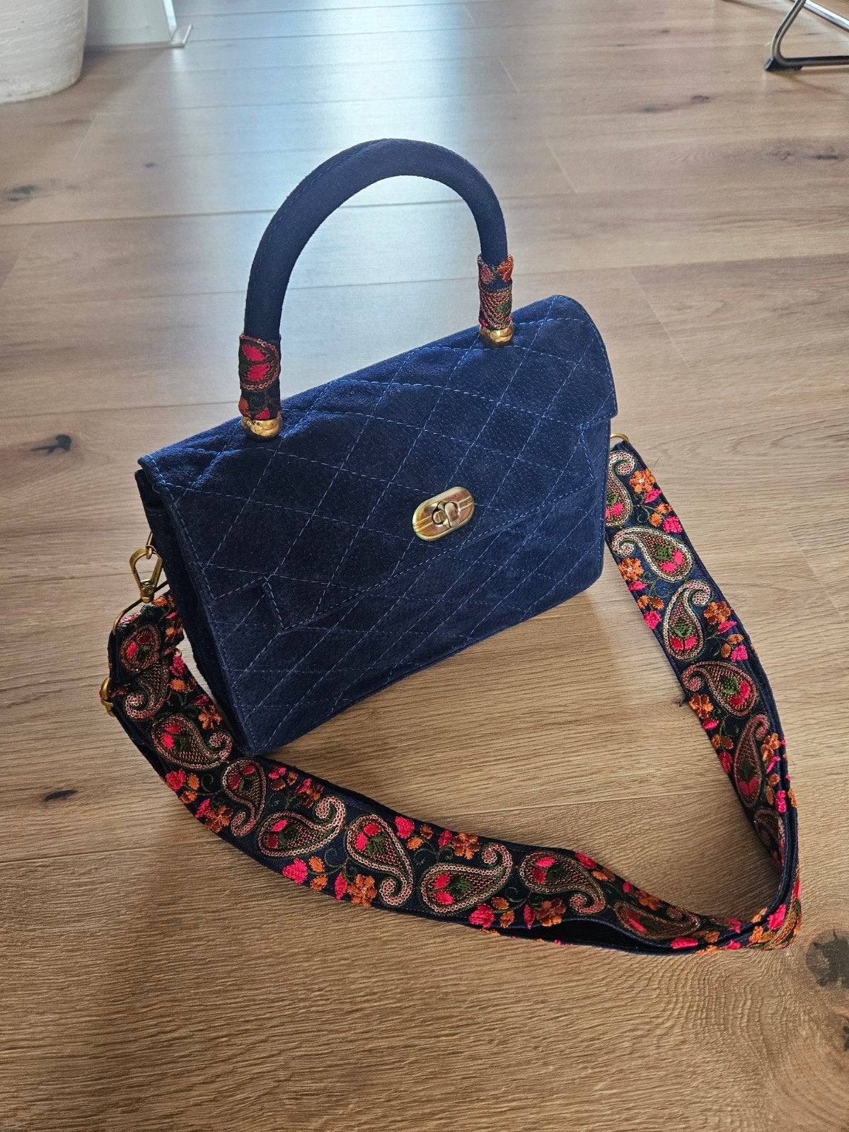Vintage suede handtas, Verzenden, Zo goed als nieuw, Blauw, Handtas