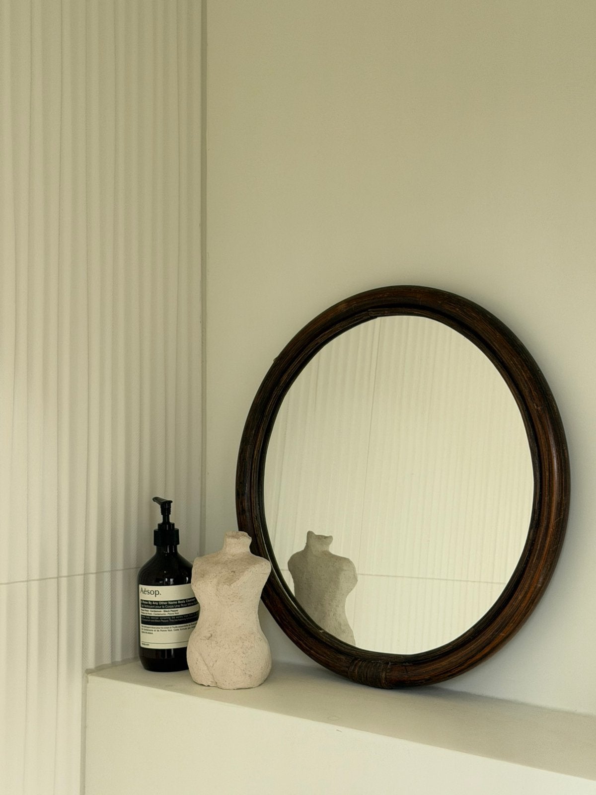 Vintage manou bamboe rotan spiegel rond retro 70’s, Minder dan 50 cm, Gebruikt, Rond, Ophalen of Verzenden