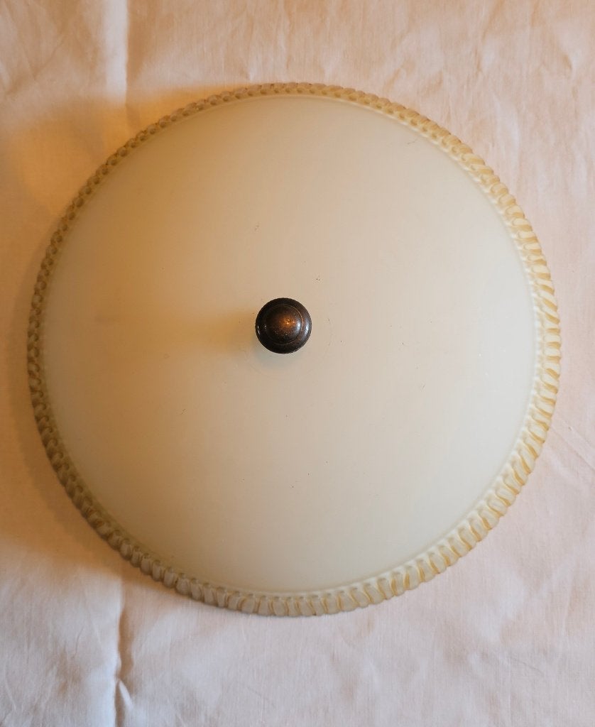 Plafondlamp glas, met reliëfrand en bronzen knop, Beige, Overige stijlen, Plafondlamp, 30 cm