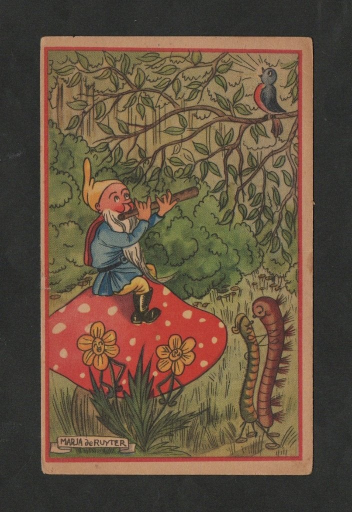 Kabouter op Paddenstoel Vogel Rupsen door Marja de Ruyter., Ophalen of Verzenden, 1940 tot 1960, Gelopen, Kinderen