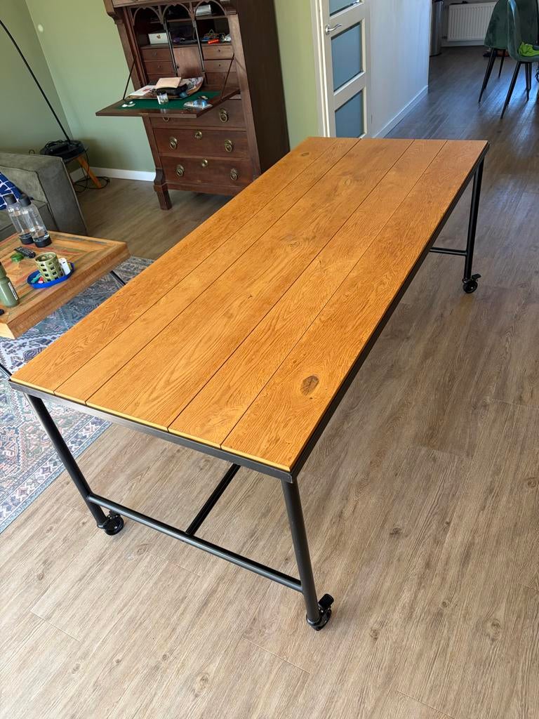 Ikea tafel metaal/hout op wielen - 197x87x78cm, Ophalen, Gebruikt, 50 tot 100 cm, Rechthoekig