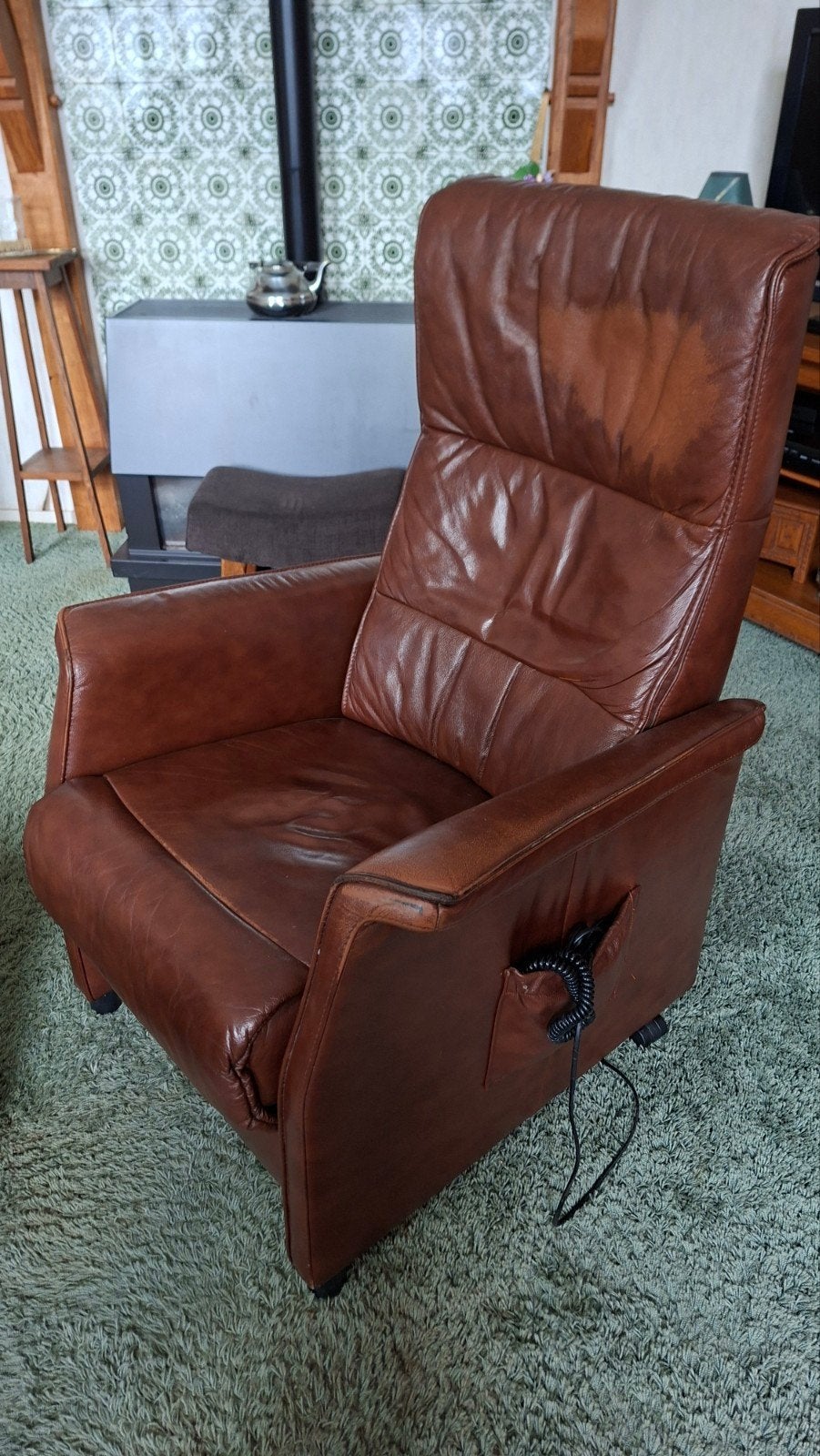 Bruine leren relaxfauteuil met afstandsbedienin, Gebruikt, Klassiek, Comfort, Ophalen of Verzenden, 75 tot 100 cm