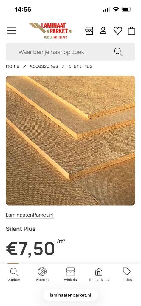 Silent Plus ondervloer 1 pakket 4,66m2, Ophalen, Zo goed als nieuw, Minder dan 10 m², Laminaat