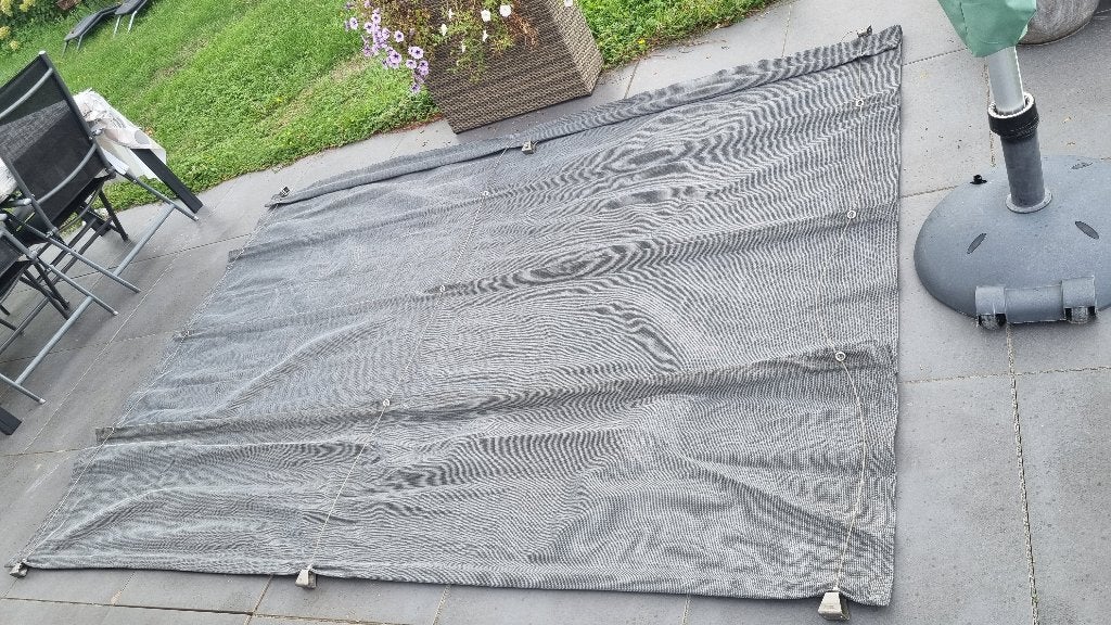 Schaduwdoek 2,90 x 3,00 meter grijs met toebehoren, Tuin en Terras, Schaduwdoeken, Ophalen, Gebruikt