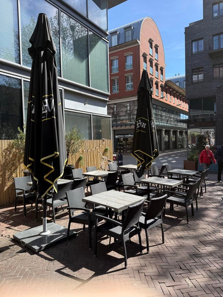 Compleet horeca terras inclusief parasols, Gebruikt, Eettafel, Meer dan 8 zitplaatsen, Ophalen of Verzenden