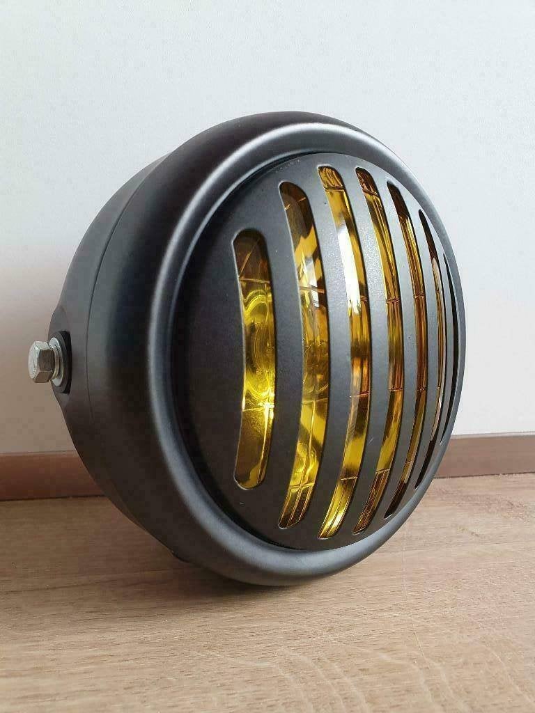 Koplamp zwart caferacer bobber scrambler + rooster geel, Motoren, Ophalen of Verzenden