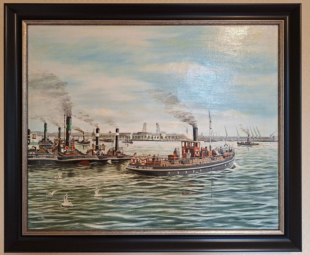 Schilderij havengezicht Rotterdam, Boompjes, Noordereiland, Antiek en Kunst, Ophalen, Maritiem / water, Doek, Realistisch