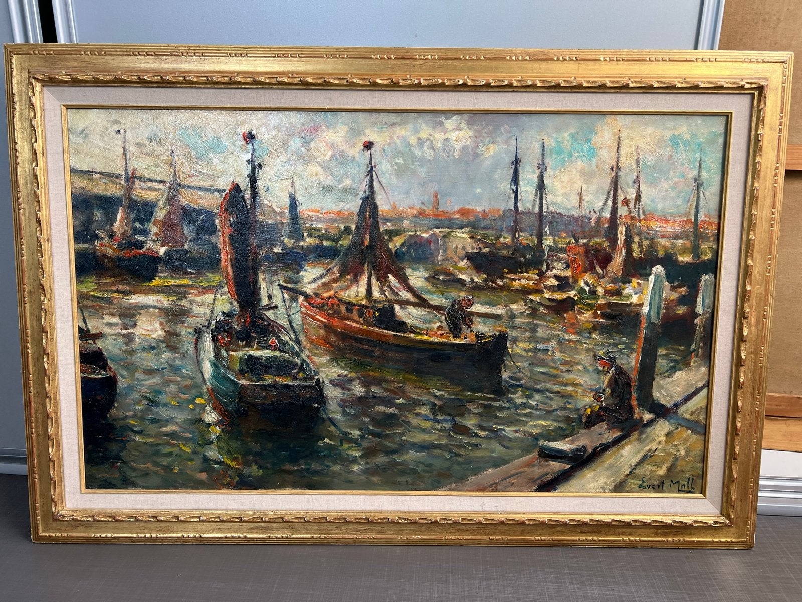 Prachtig Evert Moll - Haven van Scheveningen - 100x60cm, Maritiem / water, Doek, Impressionistisch, Ophalen of Verzenden