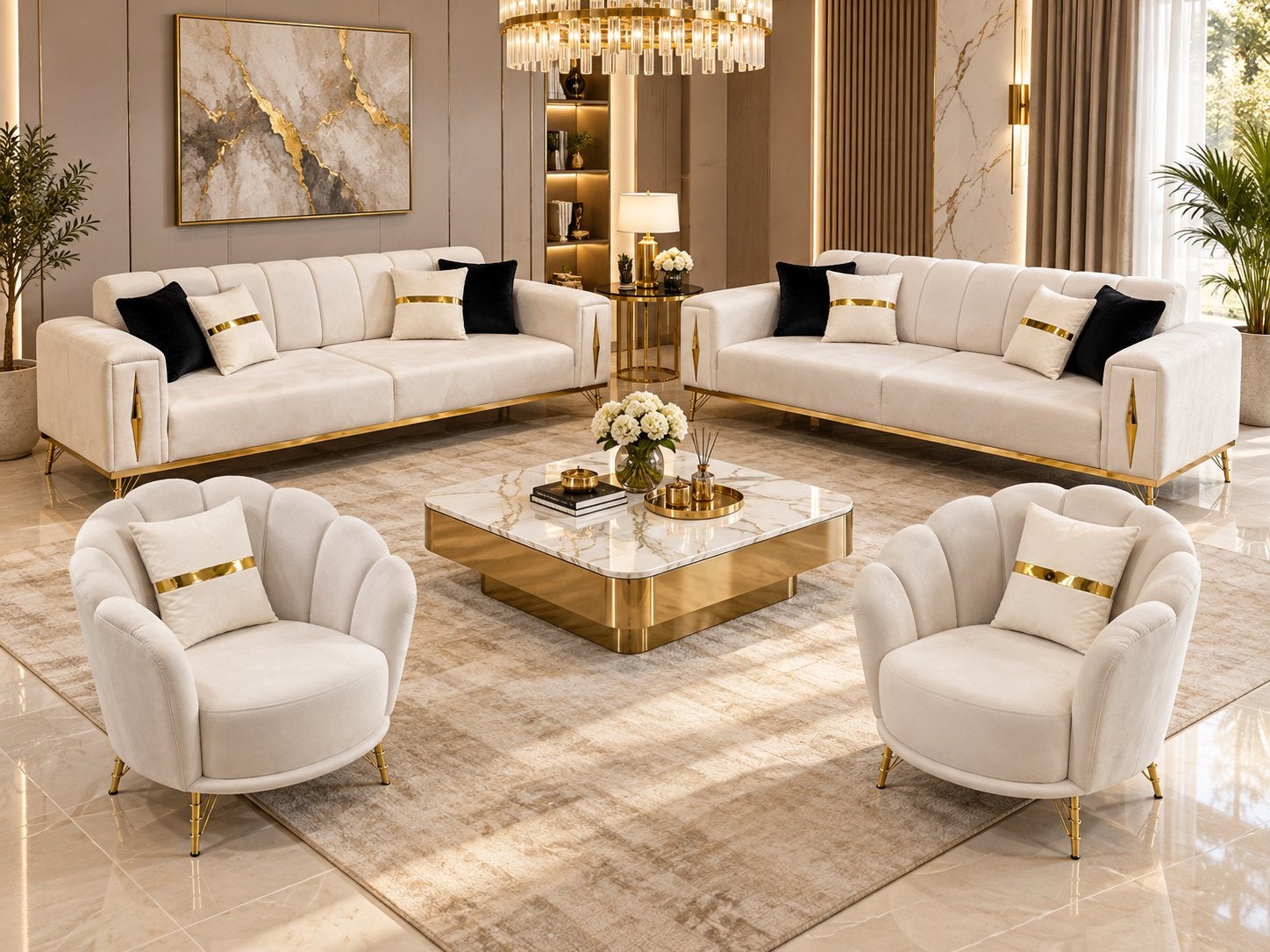 Luxe complete bankstel – 2x 3-zitsbank + 2 fauteuils | Nieuw, Ophalen of Verzenden, Nieuw, Stof