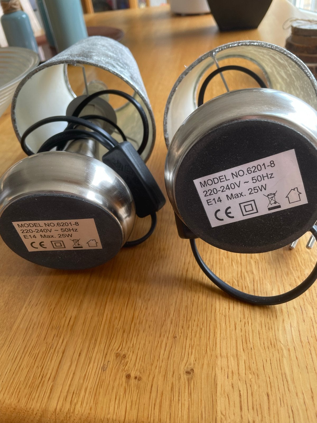 Set van 2 Schemerlampjes met Zilveren Kap, Huis en Inrichting, Lampen | Tafellampen, Ophalen, Met schakelaar, Gebruikt, E14 (klein)