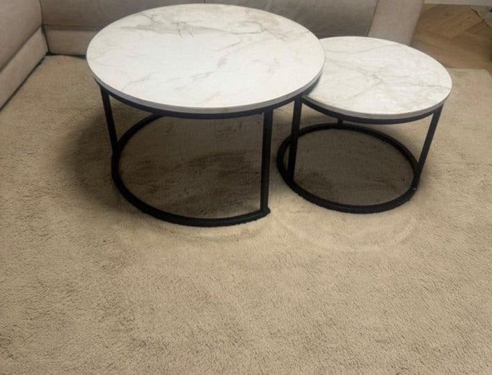 2 ronde salon tafels wit / marmer look 70cm en 50cm, Huis en Inrichting, Tafels | Salontafels, Ophalen, Zo goed als nieuw, Rond
