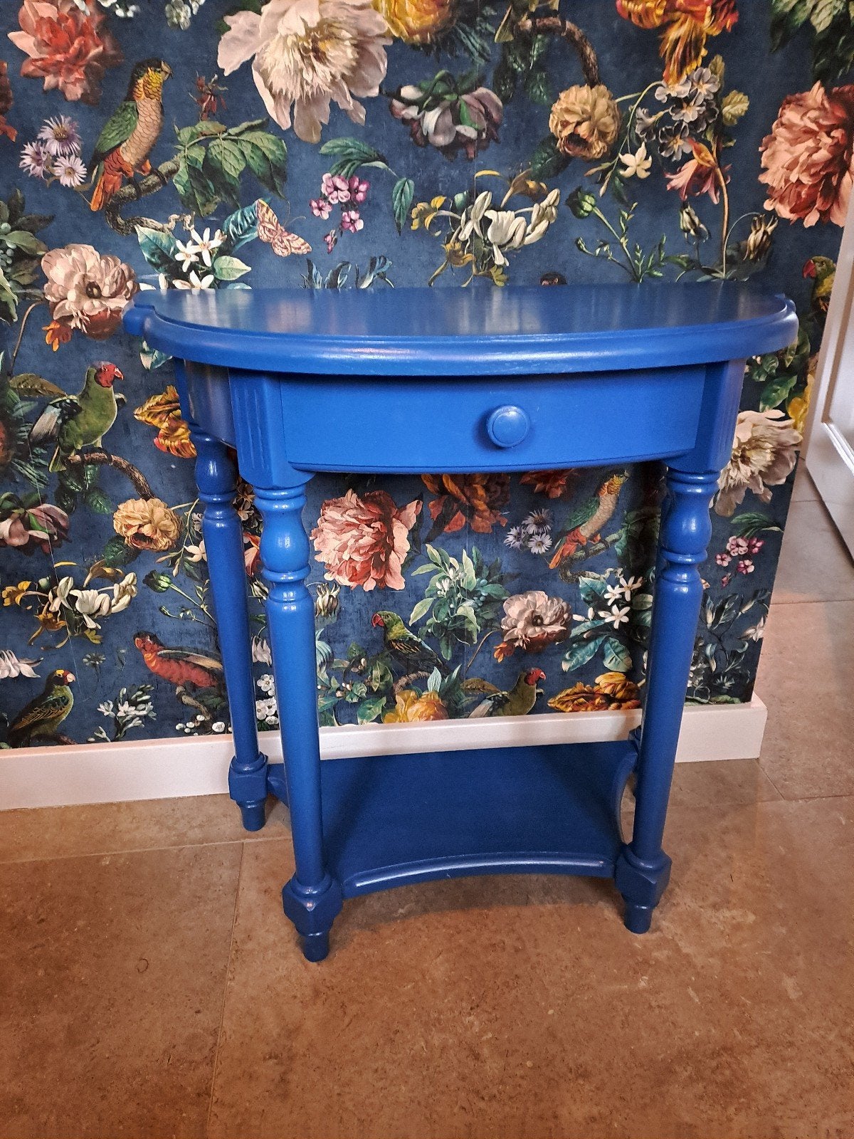 Blauwe Halve Maan Bijzettafel met Lade - Vintage Stijl, Ophalen, Vintage, Klassiek, 55 tot 75 cm, Zo goed als nieuw