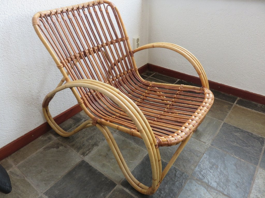 Vintage rotan lounge stoel fauteuil Rohé Noordwolde, Ophalen, Gebruikt, Vintage, 50 tot 75 cm