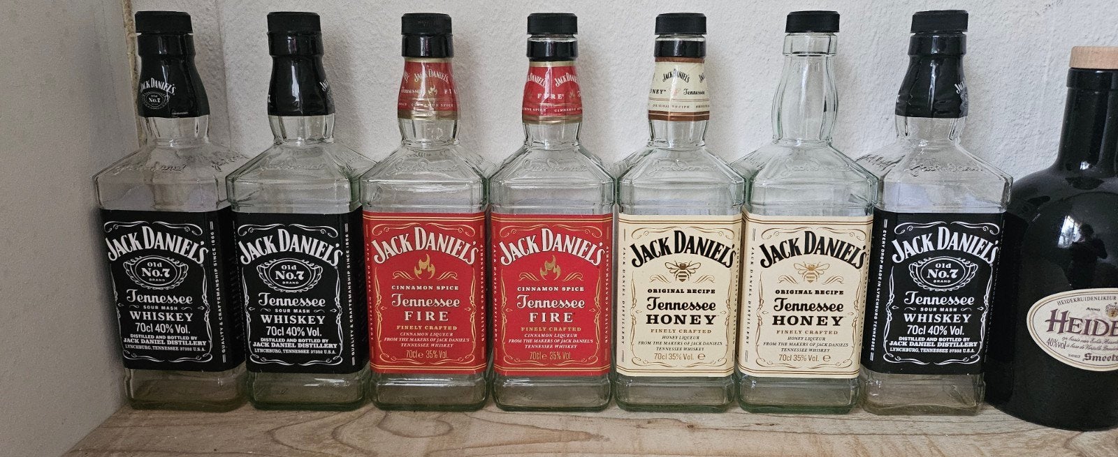 7 lege gerecyclede Jack Daniel's flessen, Ophalen, Gebruikt, Transparant, Glas