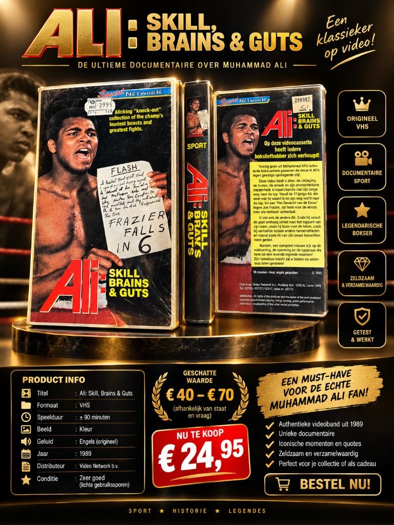Ali: Skill, Brains & Guts - De Ultieme Muhammad Ali VHS, Engels, Alle leeftijden, Ophalen of Verzenden, Zo goed als nieuw