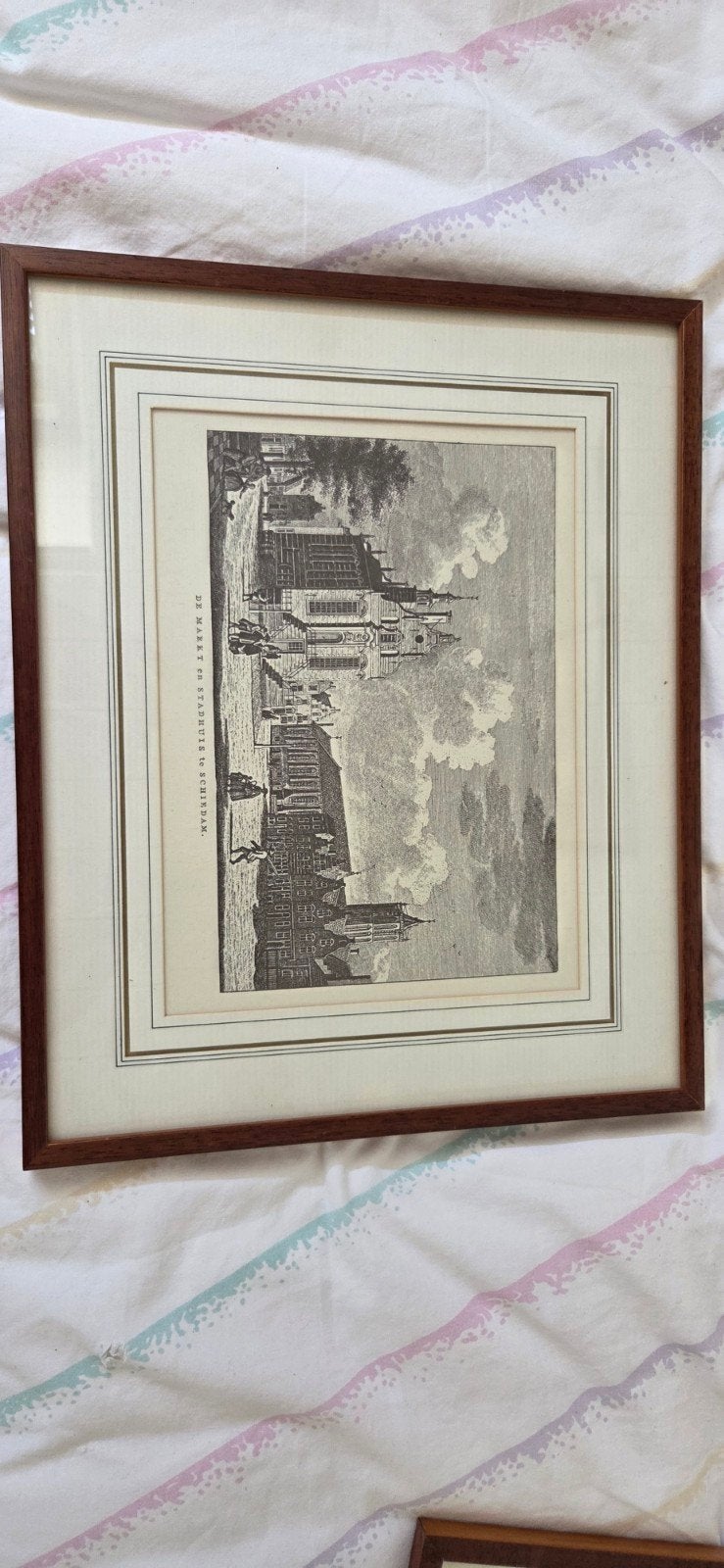 Antieke Gravure: De Markt en Stadhuis te Schiedam, Ophalen, Ingelijst, Stadsgezicht, Gravure