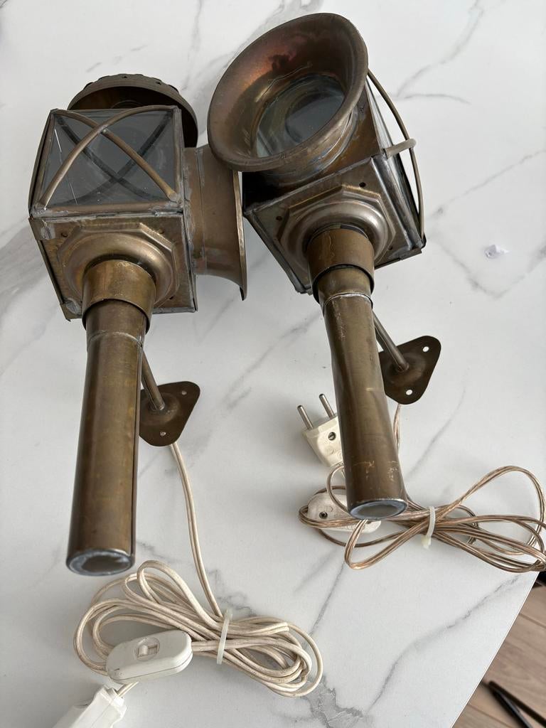 Antieke koperen koetslampen - set van 2, Antiek en Kunst, Ophalen