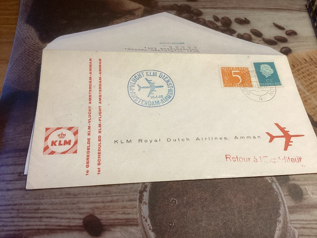 No4146 KLM Amsterdam Amman28-4-1960  Nederland jaargang, Postzegels en Munten, Ophalen of Verzenden, Onbeschreven, Nederland