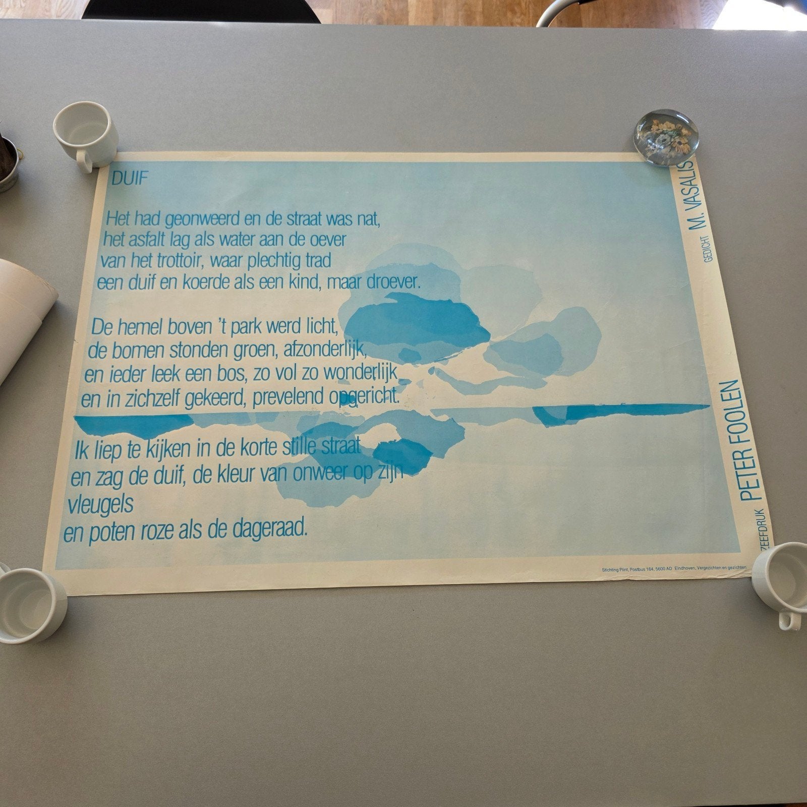 Plint Vintage Peter Foolen - Gedicht M. Vasalis 'Duif', Dagelijks leven, Ophalen of Verzenden, Zeefdruk, Met tekst
