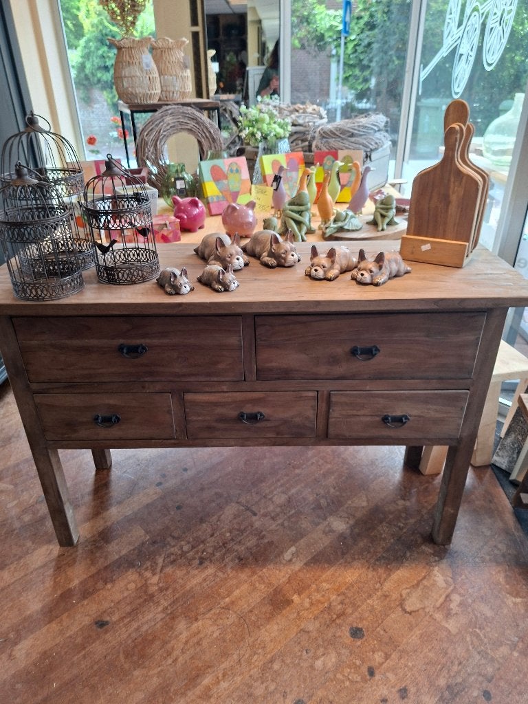 Robuust oud teakhouten sidetable 5 lades 130 cm, Ophalen, 100 tot 150 cm, Teakhout, Zo goed als nieuw