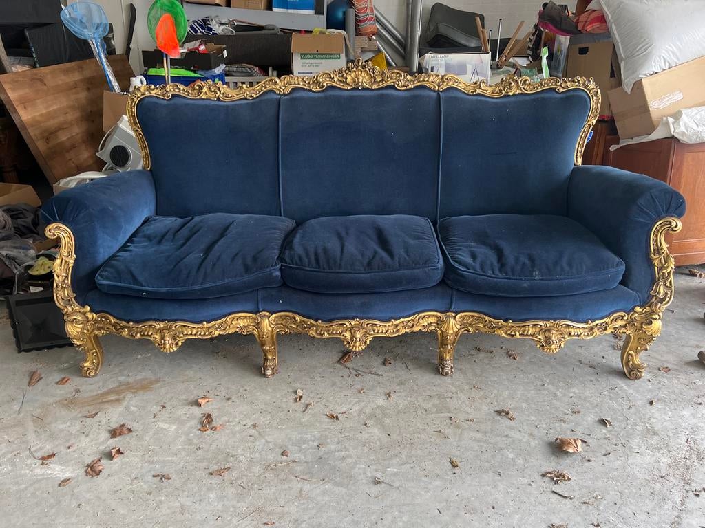 Vintage Barok Stijl Bank - Diepblauw Velours met Goud, Ophalen, Gebruikt, Driepersoons, 75 tot 100 cm
