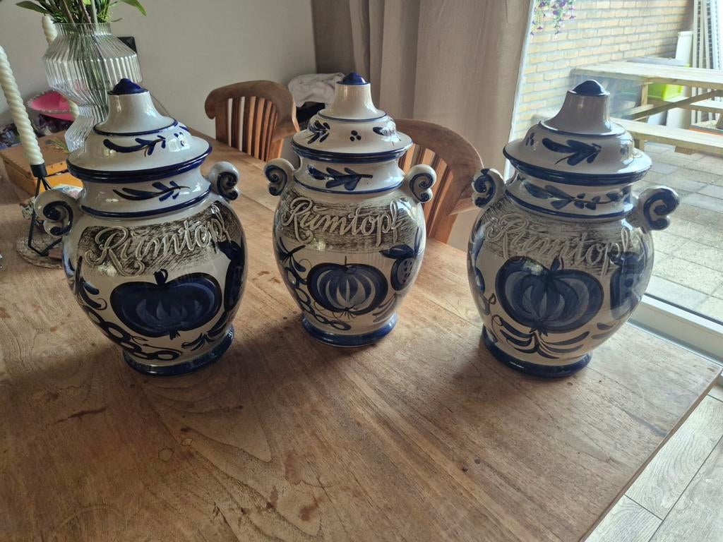 Set van 3 Vintage Rumtopf Potten - Blauw/Wit Keramiek, Ophalen