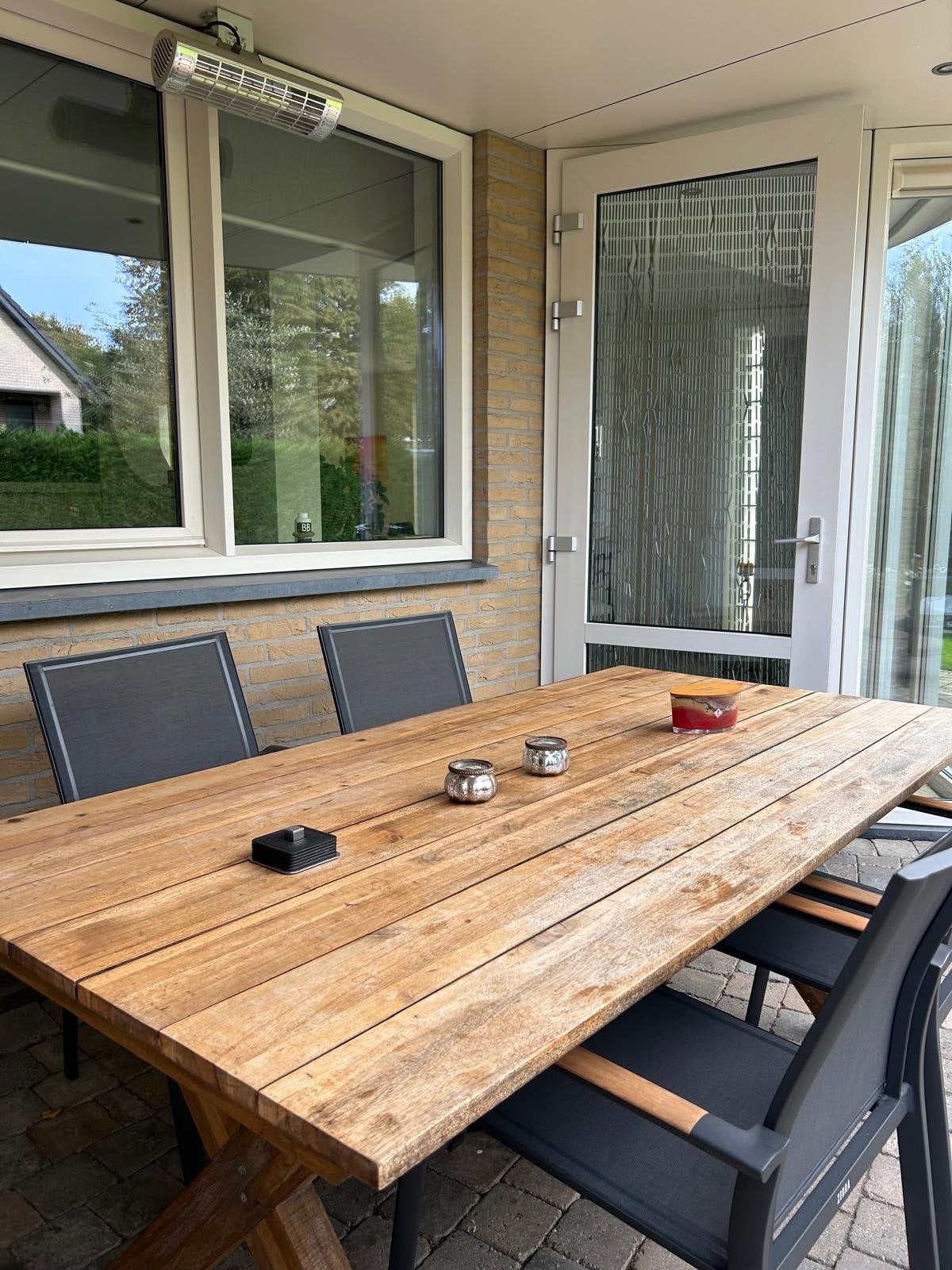 Robuuste houten tuintafel met kruispoot (FSC-gecertificeerd), Ophalen, Gebruikt, Rechthoekig, Hout