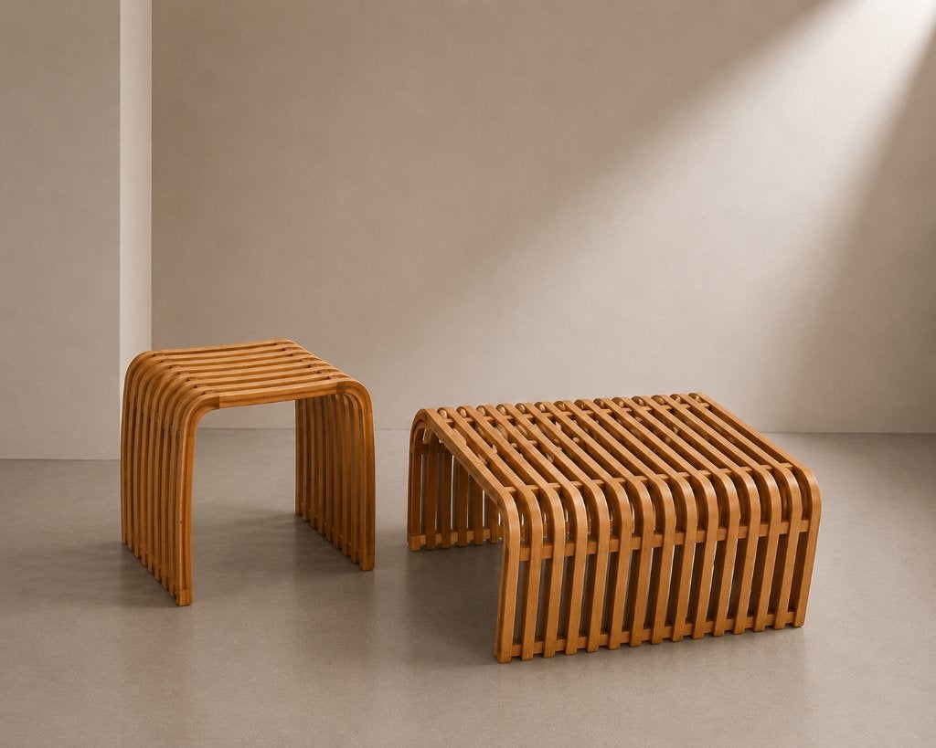 Vintage Bamboe Salontafel & Kruk/Bijzettafel Set – Japandi, Huis en Inrichting, Ophalen, 50 tot 100 cm, Vierkant, 50 tot 100 cm