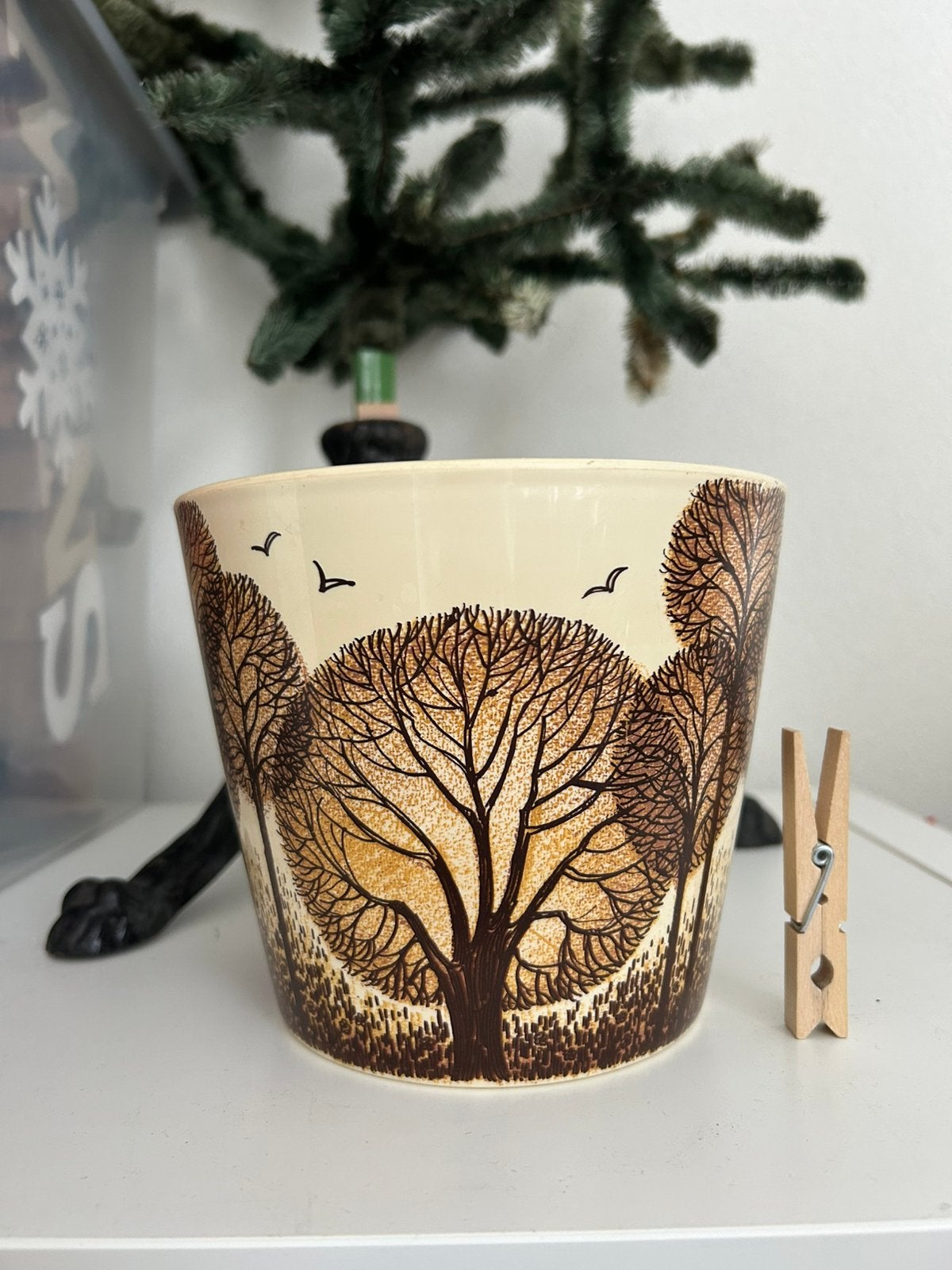 Vintage beige Emsa planten/ bloempot met bos print, Kunststof, Rond, Ophalen of Verzenden, Zo goed als nieuw