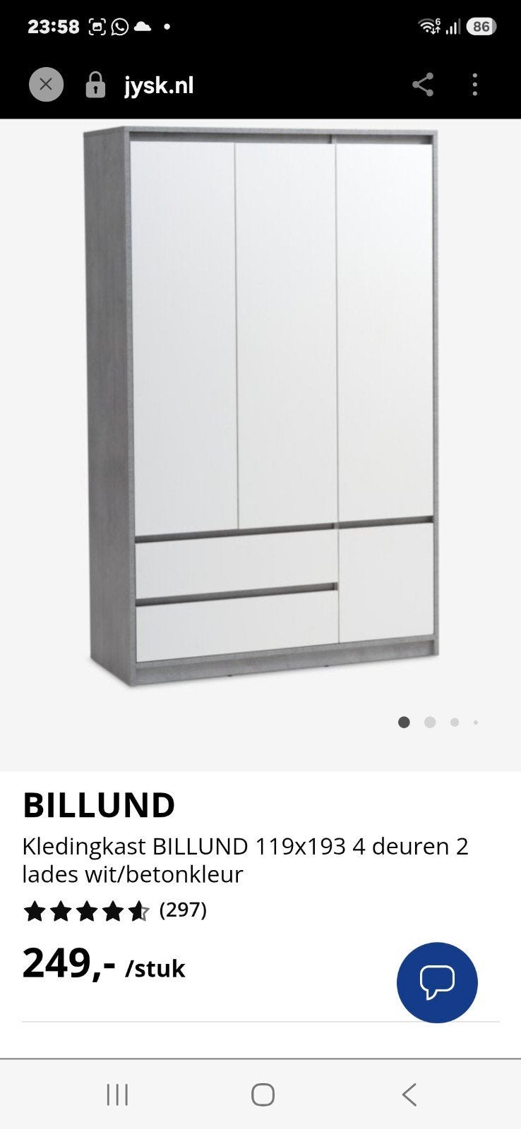 JYSK BILLUND Kledingkast Mag weg voor 100 euro. Wit/Betonkl, Ophalen, 100 tot 150 cm, Zo goed als nieuw, Met lade(s)