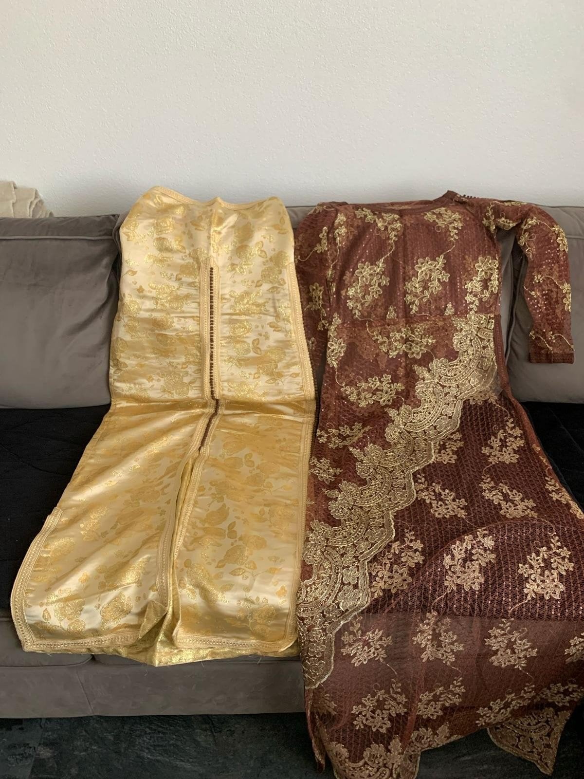 Handgemaakte Tweedelige Kaftan/Marokkaanse Jurk - Maat S, Bruin, Ophalen of Verzenden, Zo goed als nieuw, Maat 36 (S)