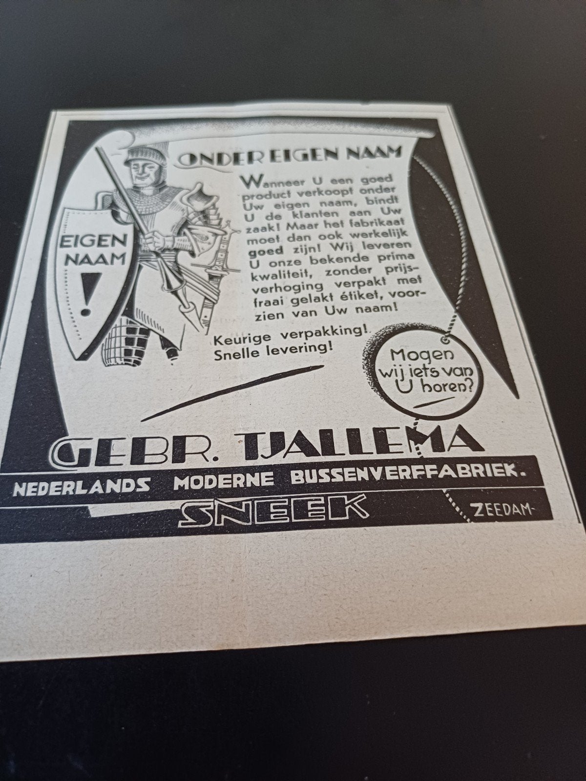 advertentie Tjallema Sneek bussenverf fabriek 5 1939, Ophalen of Verzenden, Zo goed als nieuw, Overige typen