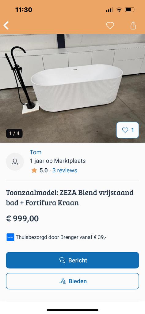 Prachtige Luxe Bad met Chrome stand kraan 177 bij 77cm 395Eu, Ophalen of Verzenden, Gebruikt