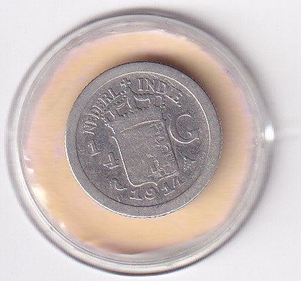 Nederlands Indie 1/4 Gulden 1914 in mindere kwaliteit, Postzegels en Munten, Verzenden, Zilver, 25 cent, Koningin Wilhelmina