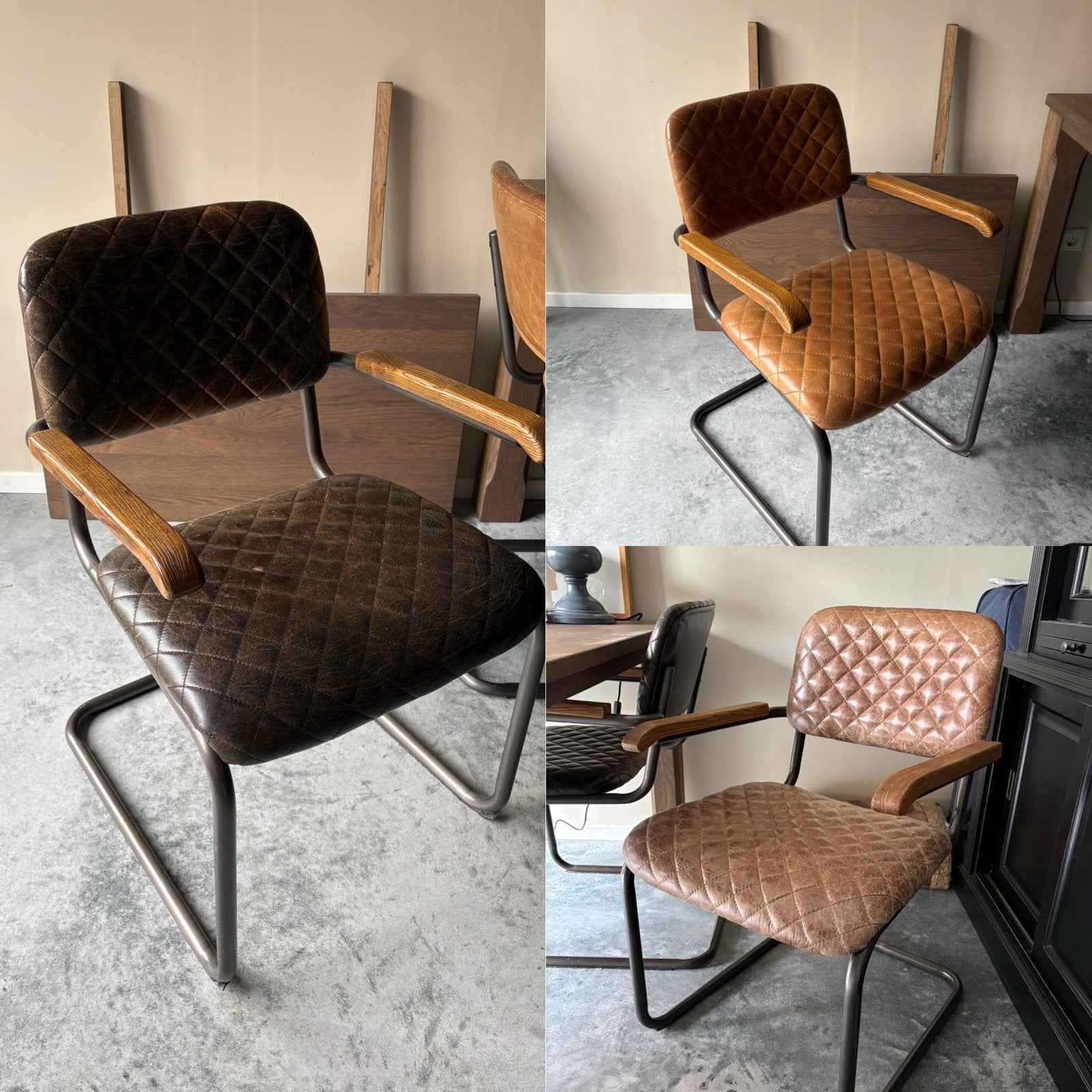 6 stoelen op buisframe, leer met houten armleggers, Ophalen, Gebruikt, Bruin, Leer