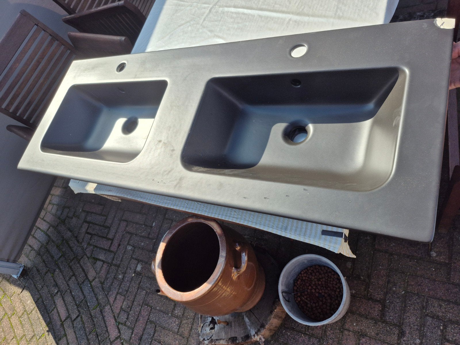 nieuwe dubbele wasbak met lichte beschadiging, Ophalen, Gebruikt, Wastafel