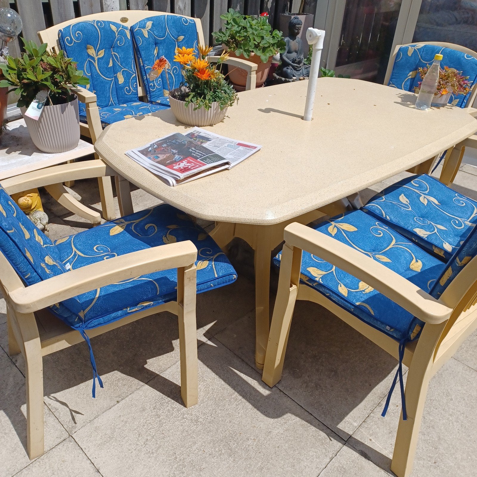 tuinset geel hartman prestige (4x stoel,1x tafel) 125€, Ophalen, Gebruikt, Kunststof
