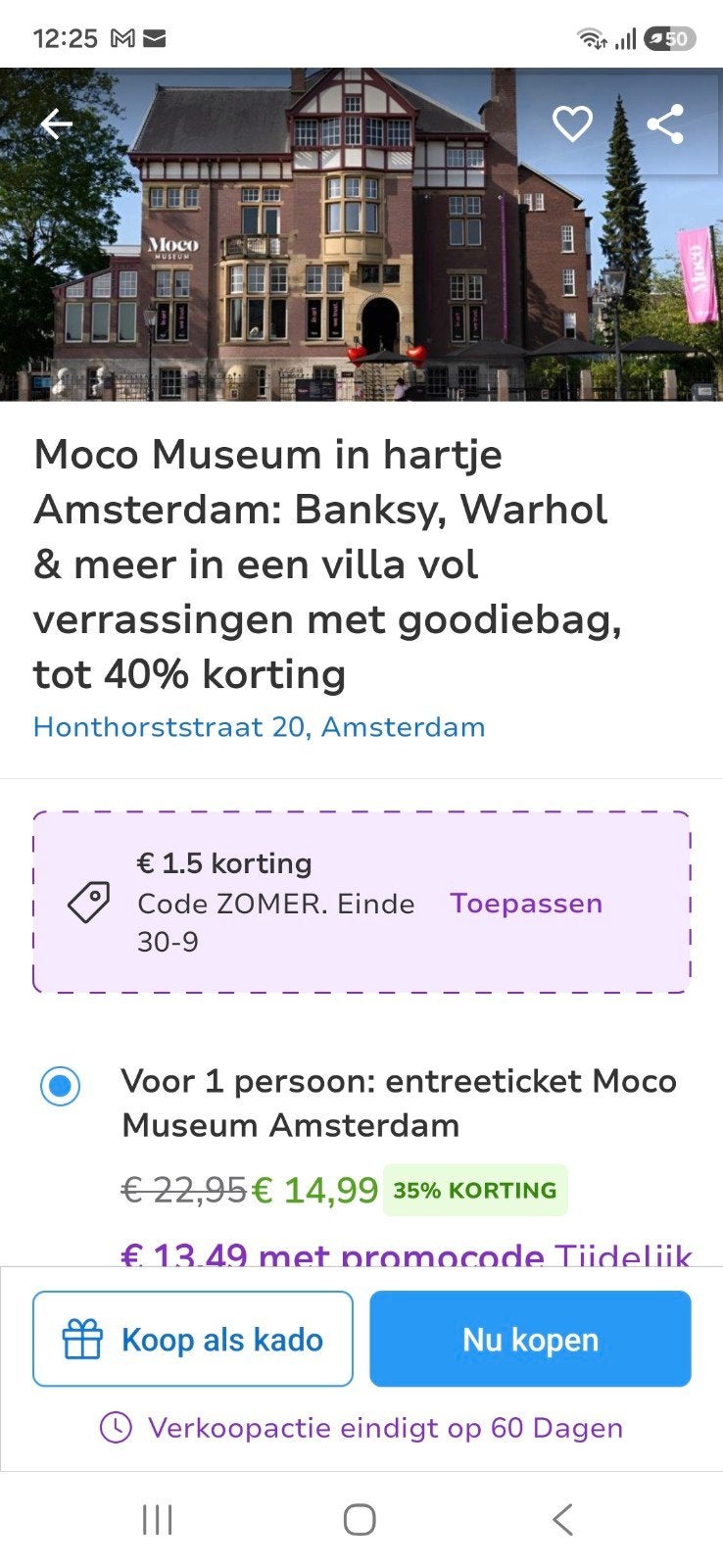 1 toegangskaartje Moco Museum, Eén persoon, Ticket of Toegangskaart