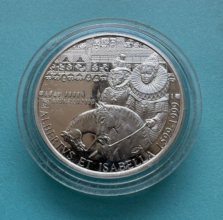 Zilveren Belgische 500 Frank Albertus en Isabella 1999, Postzegels en Munten, Verzenden, Zilver, Losse munt