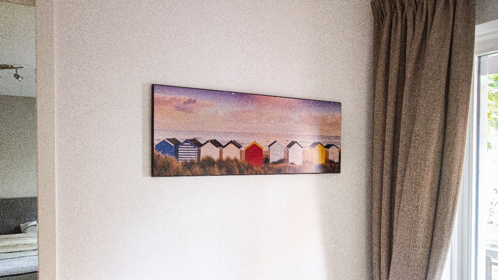 Strandhuisjes | Houten fotoprint / foto-print op hout, Ophalen of Verzenden, Zo goed als nieuw, 75 tot 100 cm, Print