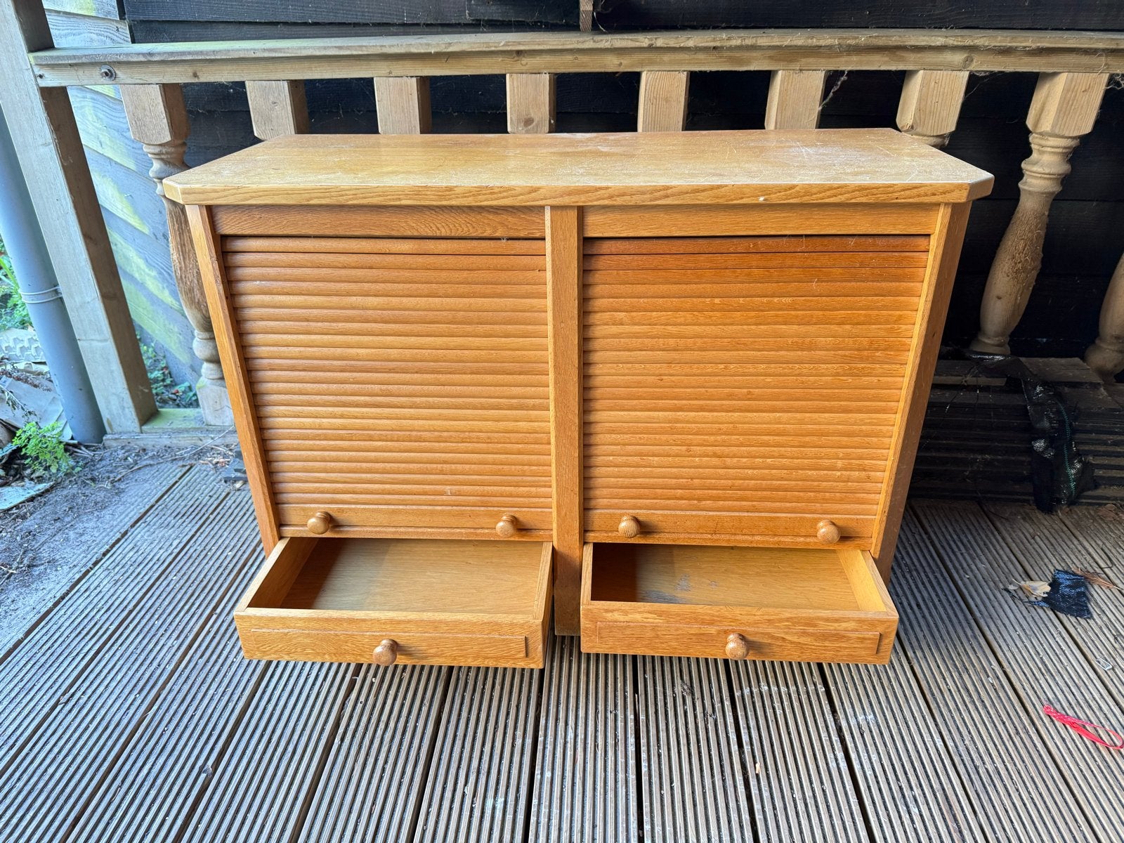 Blank eikenhouten audio/tv kast met met lades en rolluikjes, Huis en Inrichting, Kasten | Overige, Ophalen, Gebruikt