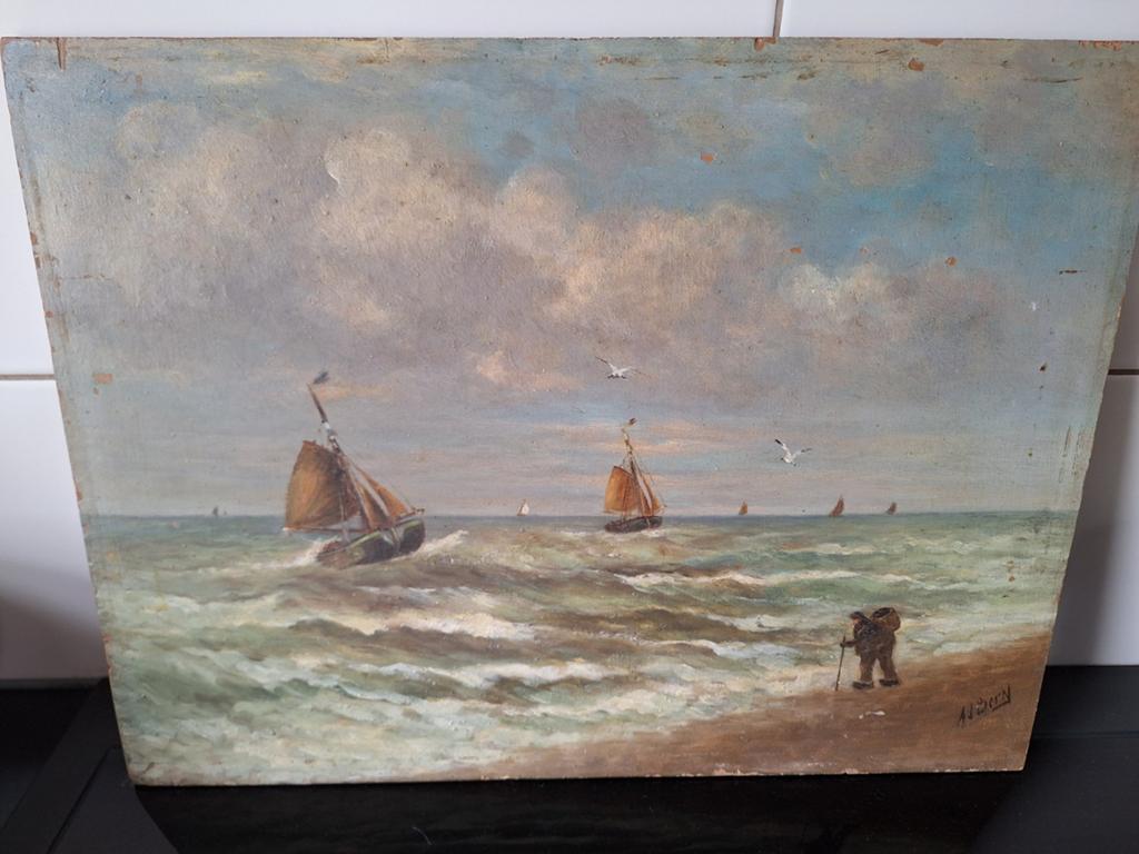 Maritiem schilderij op paneel, gesigneerd A.J. Bern, Antiek en Kunst, Kunst | Schilderijen | Klassiek, Ophalen of Verzenden