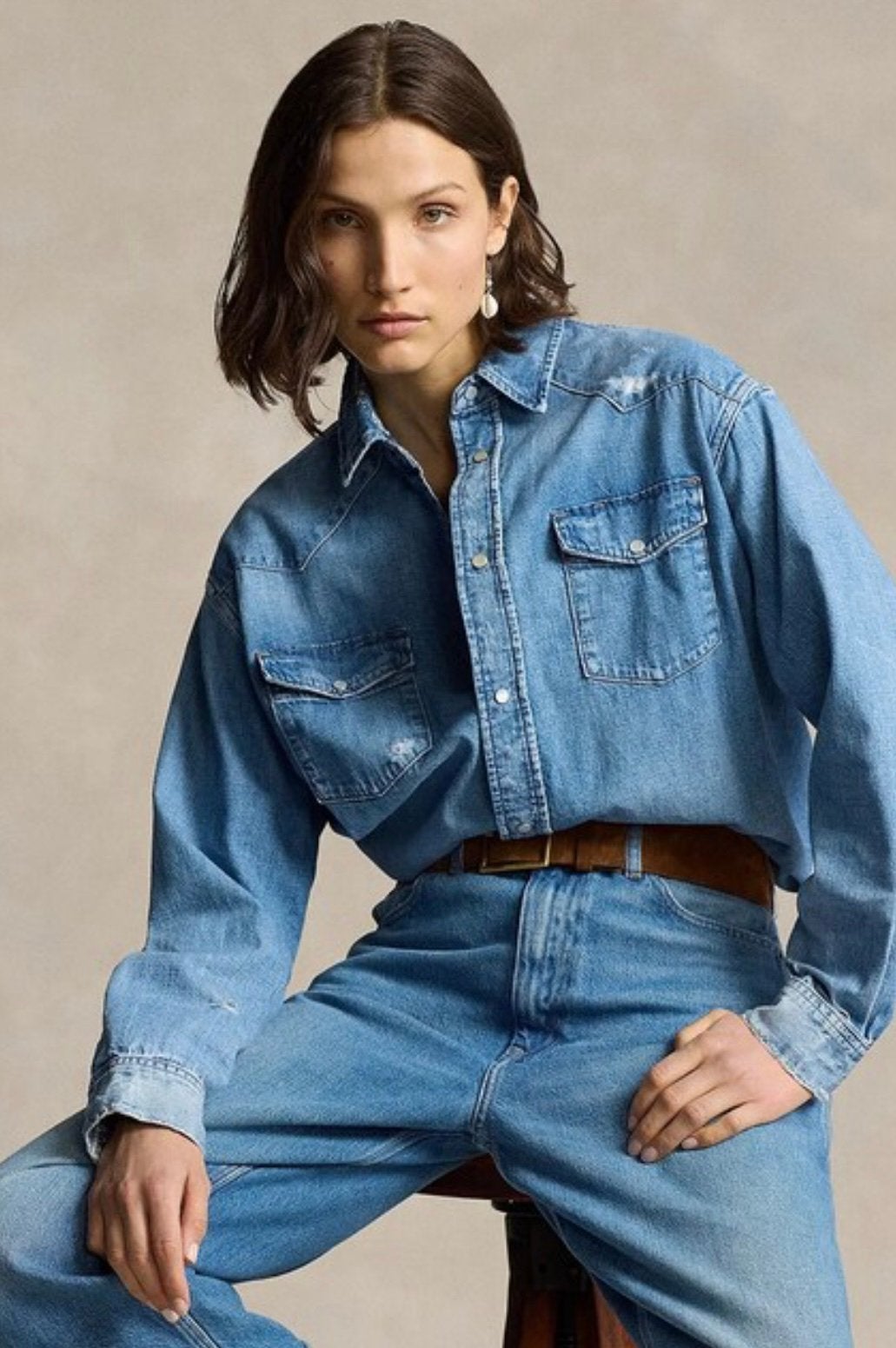 Ralph Lauren denim western shirt logo button women's S-M, Kleding | Dames, Blauw, Ophalen of Verzenden, Zo goed als nieuw, Ralph Lauren
