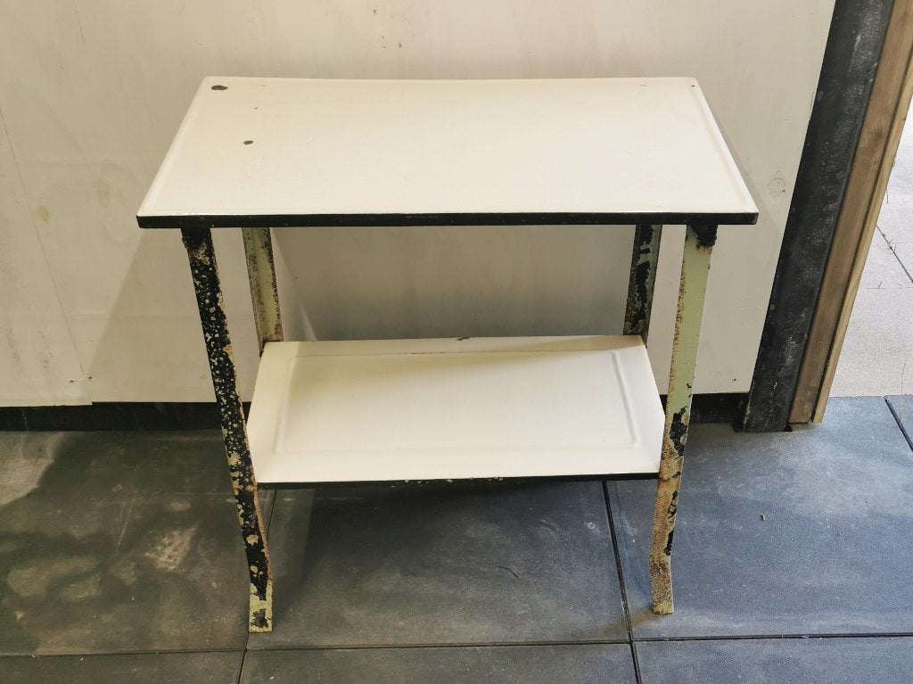 Industriële vintage stalen tafel met emaille bladen., Ophalen, Gebruikt