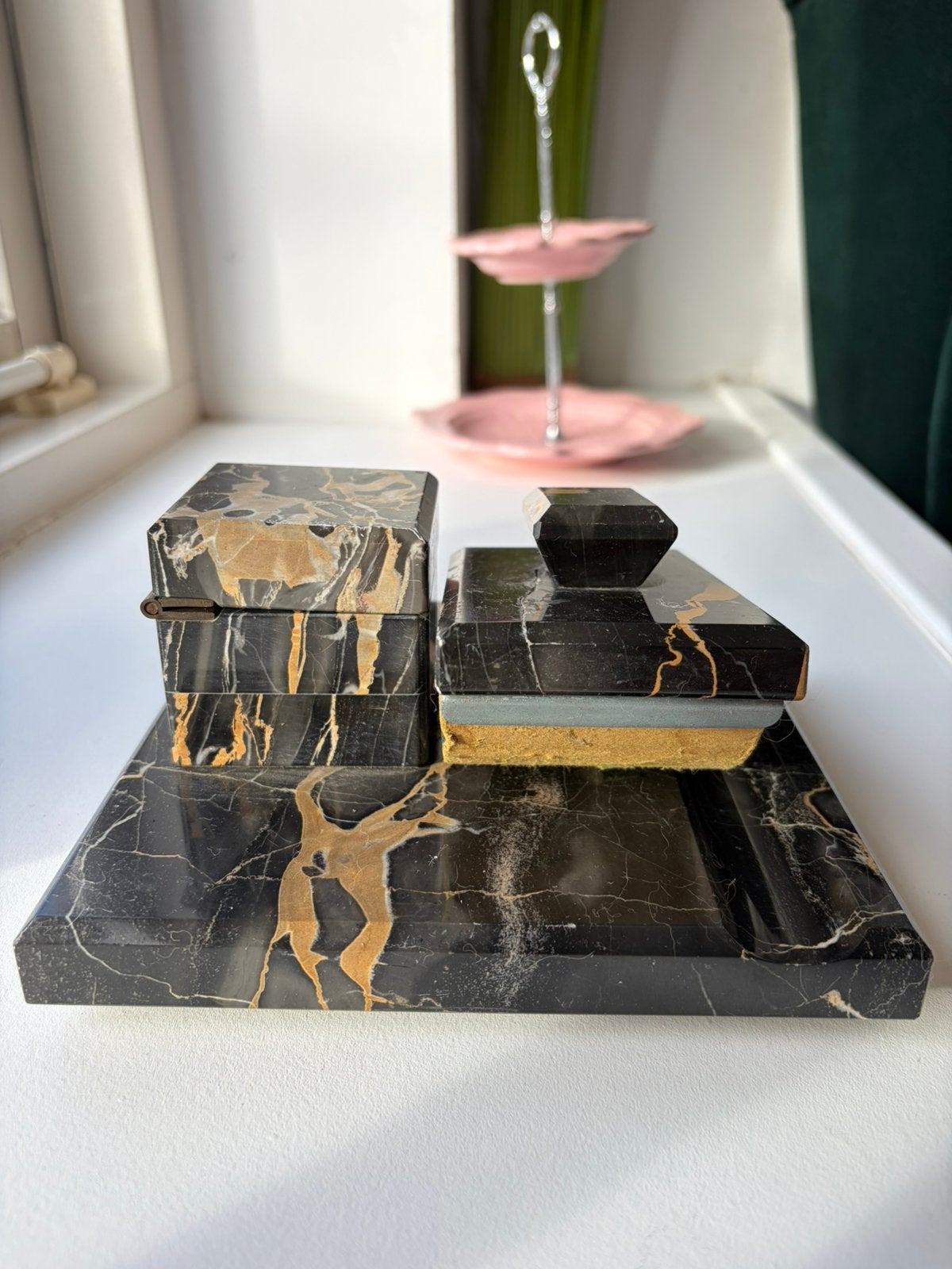 Vintage Art Deco marmeren bureauset – inktpot & vloeiblok, Antiek en Kunst, Ophalen of Verzenden