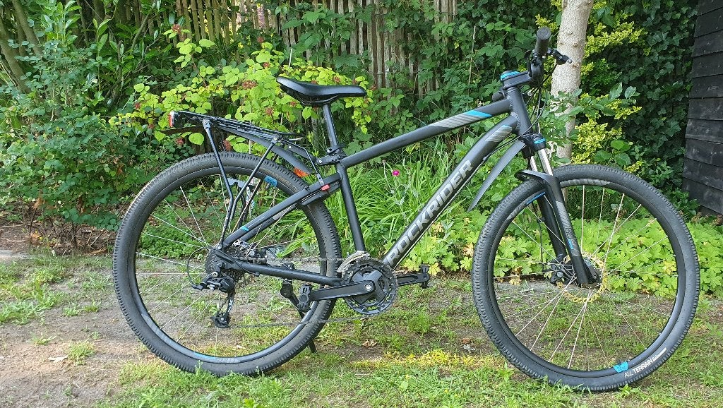 MTB Rockrider ST520 (maat M, 27.5 inch) Zwart-blauw, Hardtail, Zo goed als nieuw, Schijfrem, Ophalen
