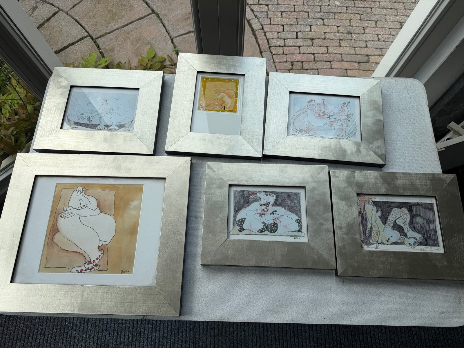 Set van 6 ingelijste kunstwerken - Diverse stijlen, Antiek en Kunst, Kunst | Schilderijen | Modern, Ophalen of Verzenden