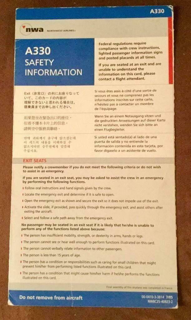 NWA Northwest Airlines A330 flight safetycard, Ophalen of Verzenden, Zo goed als nieuw, Kaart, Foto of Prent